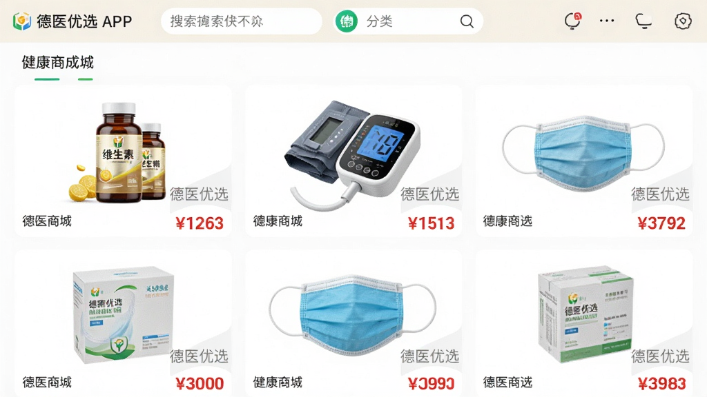 主体:德医优选APP的健康商城页面,展示多种商品图片与价格标签。布局:商品卡片式排列,三列布局,上方为搜索与分类栏。排版:整齐有序,商品图片清晰醒目。风格:电商风格,明亮简洁。细节:商品包括维生素瓶、血压计、口罩等,每个商品下方有“德医优选”水印。画质:高清,干净,无多余元素。