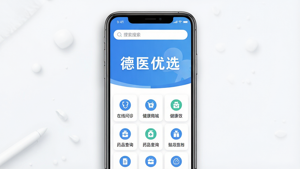 主体:手机屏幕展示德医优选APP主界面,界面清晰显示“德医优选”字样及健康服务模块图标。布局:手机居中,界面元素排列整齐,上方为搜索栏,下方为功能图标网格。排版:简洁大方,突出软件名称与核心功能。风格:现代扁平化,色彩以蓝色和白色为主,干净明亮。细节:界面图标包括在线问诊、健康商城、药品查询等,手机边缘有柔和阴影。画质:高清渲染,干净,无多余元素。