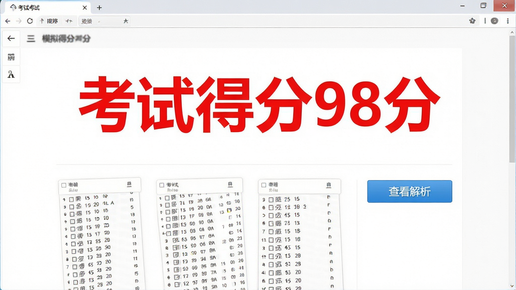 主体:模拟考试界面截图,屏幕中央显示“考试得分98分”的红色大字,下方为答题卡网格,右侧有“查看解析”按钮,背景为白色,整体布局规整,风格简洁,细节清晰,画质高清,干净无多余元素