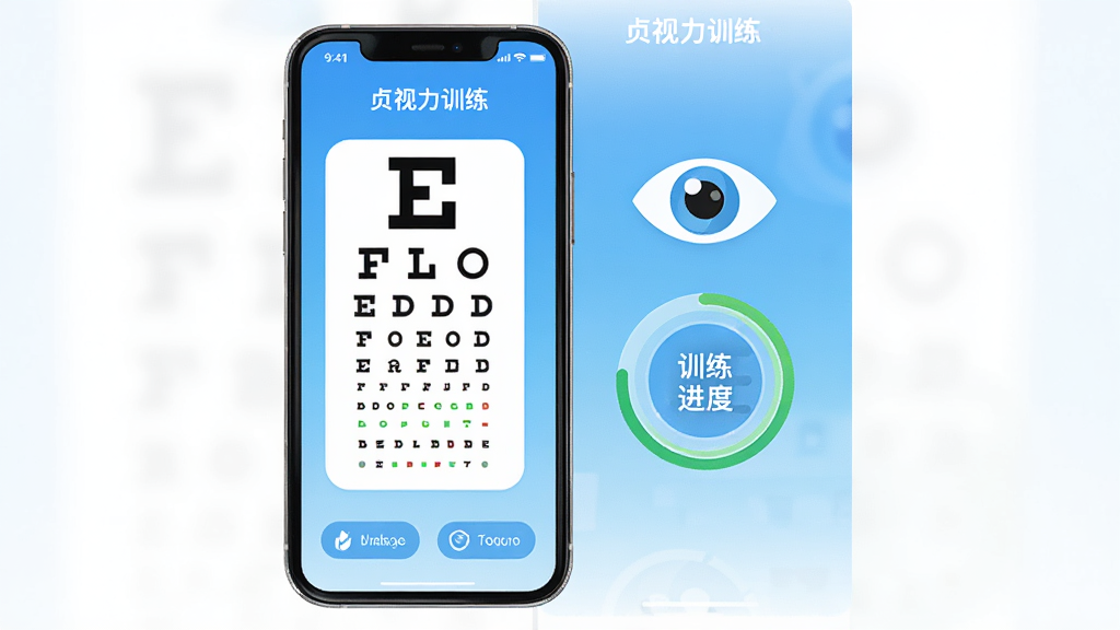 画面中央展示一款名为“贞视力训练”的手机应用界面,界面以清新的蓝白渐变为主色调,主屏幕上有视力表、眼睛图标、训练进度环等元素,整体布局简洁明快,扁平化设计风格,细节丰富,画质高清,干净无多余元素。