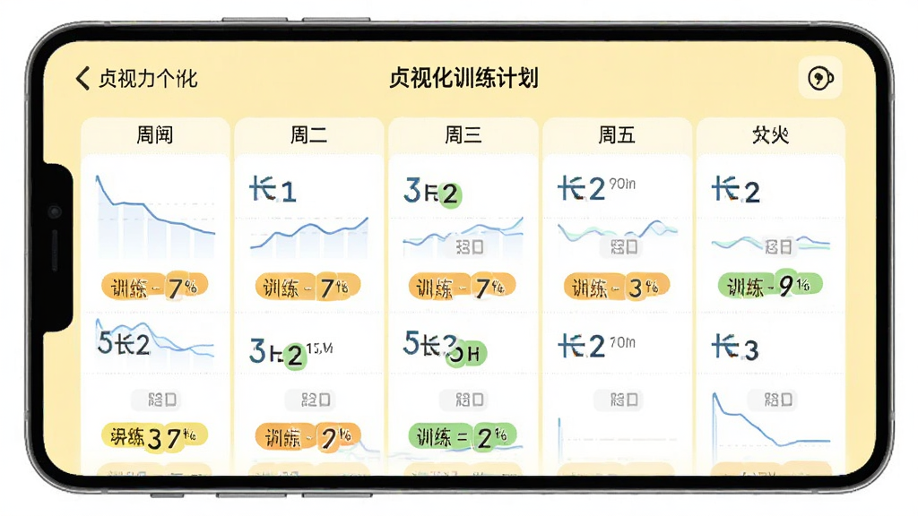 展示“贞视力训练”应用的个性化训练计划界面,界面中显示一周的训练安排,以日历形式呈现,每天有训练时长与训练类型标签,背景为浅黄色,风格简约,数据图表清晰,画质干净,无多余元素。
