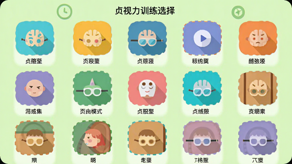 展示“贞视力训练”应用的训练项目选择页面,屏幕上排列着多个彩色图标,分别代表不同训练模式,每个图标下方有名称标签,背景为浅绿色,布局整齐,风格活泼,扁平化设计,画质清晰,干净无多余元素。