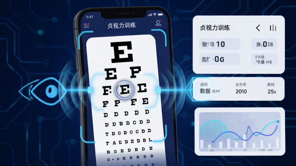 一款名为“贞视力训练”的应用界面,正在运行视力检测功能,屏幕上显示视力表与眼睛图标,周围有扫描动画效果,背景为科技感十足的深蓝色,界面布局清晰,数据可视化呈现,风格现代,画质清晰,干净无多余元素。