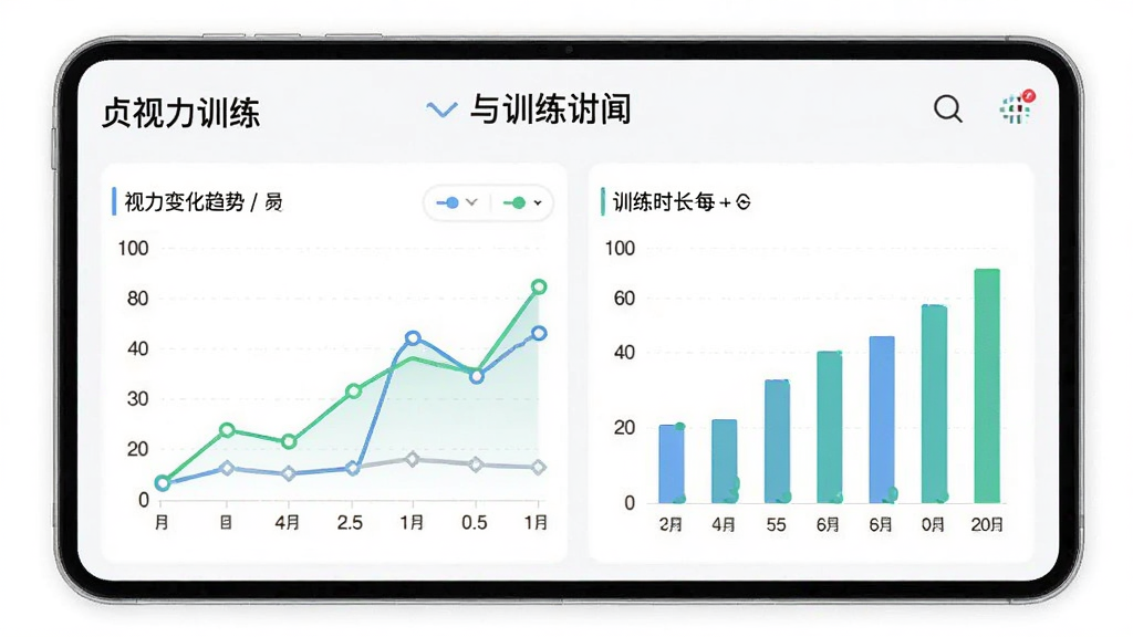 展示“贞视力训练”应用的数据统计界面,屏幕上显示折线图与柱状图,展示视力变化趋势与训练时长,背景为白色,图表配色清新,风格简洁,画质清晰,干净无多余元素。