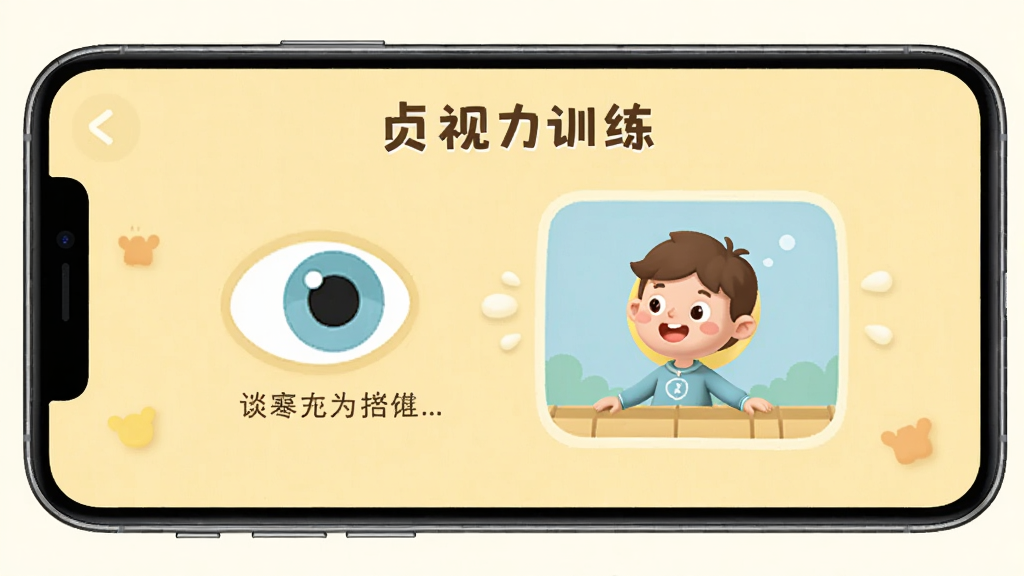 展示“贞视力训练”应用的操作界面,手机屏幕上显示训练引导动画,背景为温馨的淡黄色,有卡通眼睛图标与指导文字,风格亲和,画质清晰,干净无多余元素。