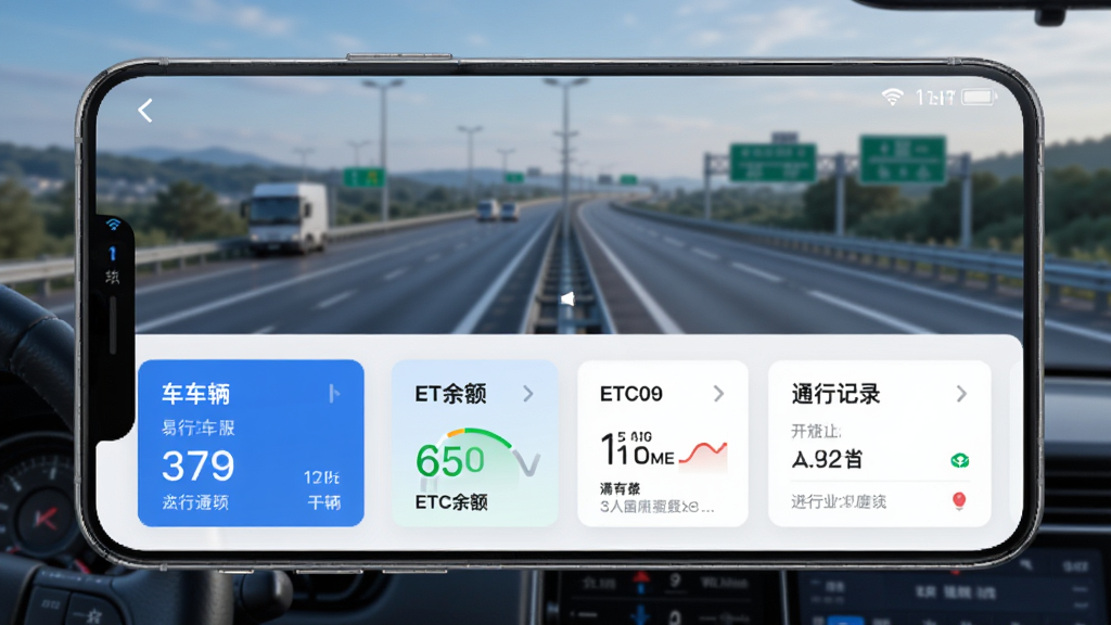 易行车服app主界面展示,手机屏幕中显示车辆信息、ETC余额、通行记录等模块,界面简洁现代,蓝色主色调,背景为高速公路场景,画质清晰,干净无多余元素,主体突出,排版整齐,风格写实,细节丰富