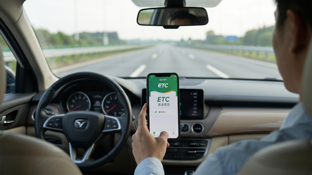 易行车服使用场景图,车主在车内使用手机操作App,界面显示ETC激活成功页面,背景为清晰的高速公路,画面自然,光线柔和,风格写实,画质高清,干净无多余元素