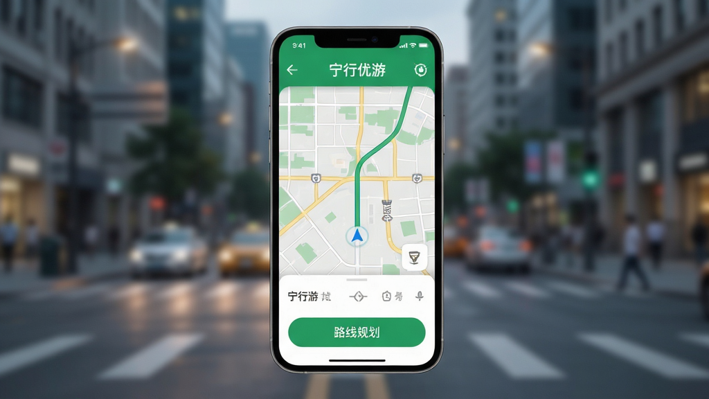 宁行优游主界面展示,手机屏幕显示地图导航,绿色主题色,界面简洁,下方有路线规划按钮,背景模糊的城市街道,整体风格现代,画质高清,干净无多余元素