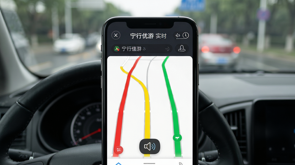 宁行优游实时路况功能,手机界面显示道路拥堵情况,红色黄色绿色线条,有语音播报图标,驾驶员视角,背景模糊,风格写实,画质高清,干净无多余元素