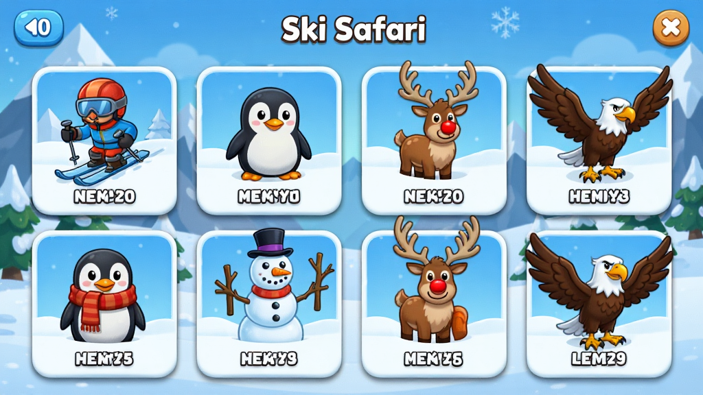 主体:Ski Safari游戏角色选择界面,展示多个角色和坐骑,包括滑雪者、企鹅、雪人、驯鹿、老鹰等。布局:界面采用横向排列的卡片式设计,每个角色有头像和名字,背景为雪山和雪地。排版:整齐的网格布局,角色形象突出,色彩丰富。风格:卡通UI风格,按钮圆润,画质干净,无多余元素。细节:每个角色都有独特造型,企鹅戴着围巾,雪人拿着树枝,驯鹿有红鼻子,老鹰展翅。画质:高清UI,细节清晰,画面干净无多余元素。