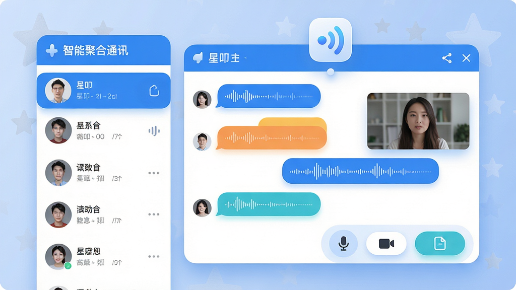 主体:星叩应用内的“智能聚合通讯”功能界面演示,一个虚拟对话窗口同时显示文字气泡、语音波形和视频小窗。布局:左侧是联系人列表,右侧为主要聊天区域,底部有麦克风、摄像头和文件分享按钮,上方悬浮着网络信号增强的动画图标。排版:信息层次分明,不同消息类型用不同颜色圆角气泡区分,视频小窗可拖动。风格:明亮清新的UI,蓝白主色调,圆润图标,柔和阴影。细节:语音波形以动态频谱形式展现,视频画面清晰,背景有微弱的星形纹理。画质:高分辨率,干净无多余元素。