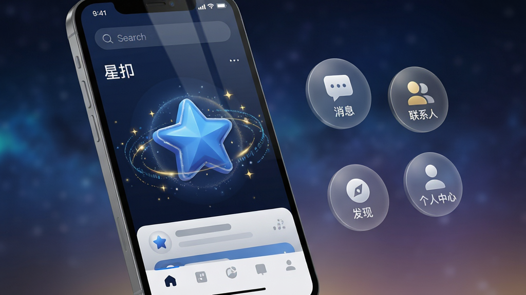 主体:一款名为“星叩”的智能手机应用界面,屏幕中央显示一个立体感十足的蓝色星形图标,周围环绕着细腻的光晕与动态数据流线条。布局:手机位于画面中心偏左,右侧悬浮着几个半透明的功能圆标,分别代表消息、联系人、发现和个人中心。排版:界面层级分明,顶部是搜索栏,中部为瀑布流信息卡片,底部为简洁的导航栏。风格:现代扁平化结合微拟物,色彩以深空蓝和银白为主,点缀星光金色高光,整体科技感十足。细节:图标边缘有微小的星光粒子,屏幕反射出柔和的环境光,背景是模糊的星空渐变。画质:超高清8k,光线追踪渲染,干净无多余元素。