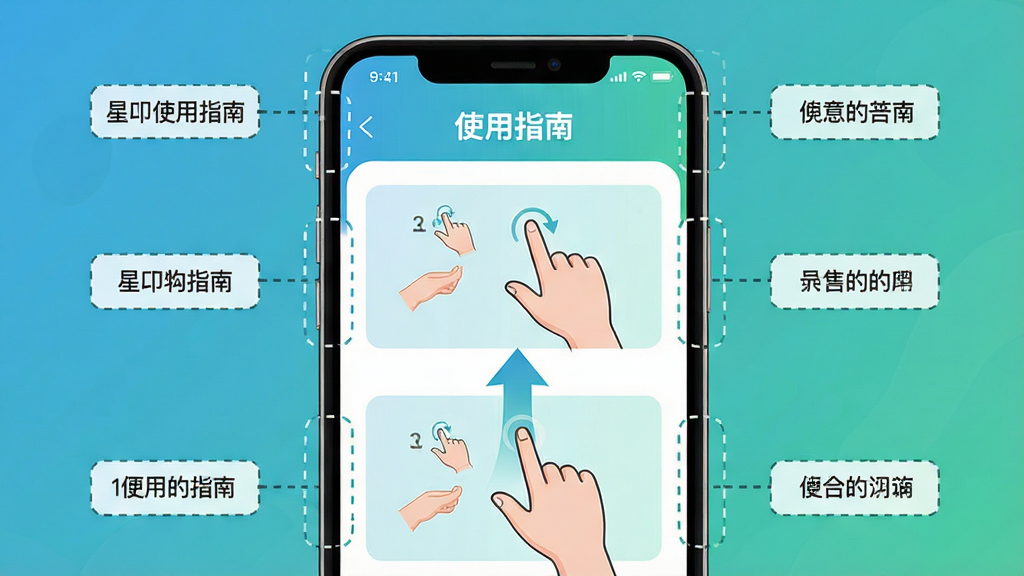 主体:一部智能手机正在运行星叩应用,屏幕显示“使用指南”的图文教程页面,有手势操作指示箭头。布局:手机屏幕占据画面主体,周围用虚线框标注出各个功能区域位置,并配有文字说明标签。排版:教程内容以步骤图形式展现,从底部向上滑动的手势清晰可见。风格:清爽的插画风,配以蓝绿色系,简洁易懂。细节:屏幕上出现“星叩使用指南”字样,背景为纯色渐变。画质:高分辨率,干净无多余元素。