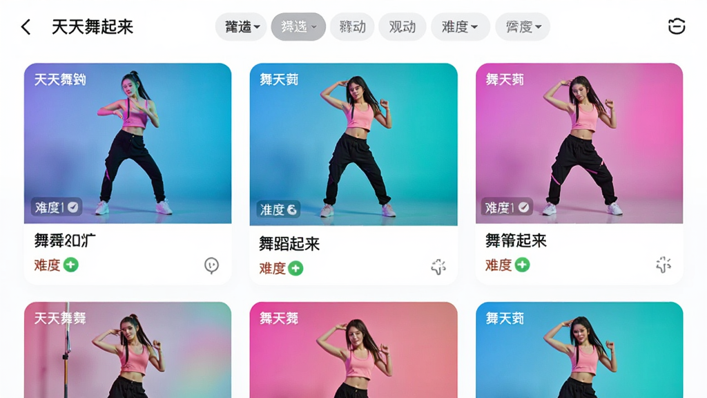 一张展示“天天舞起来”应用内舞蹈教程列表页的图片,页面以瀑布流形式呈现多个舞蹈课程封面,每张封面都标注了舞种名称和难度等级,顶部有筛选标签栏,整体设计简洁时尚,色彩明亮,画质清晰,干净无多余元素。