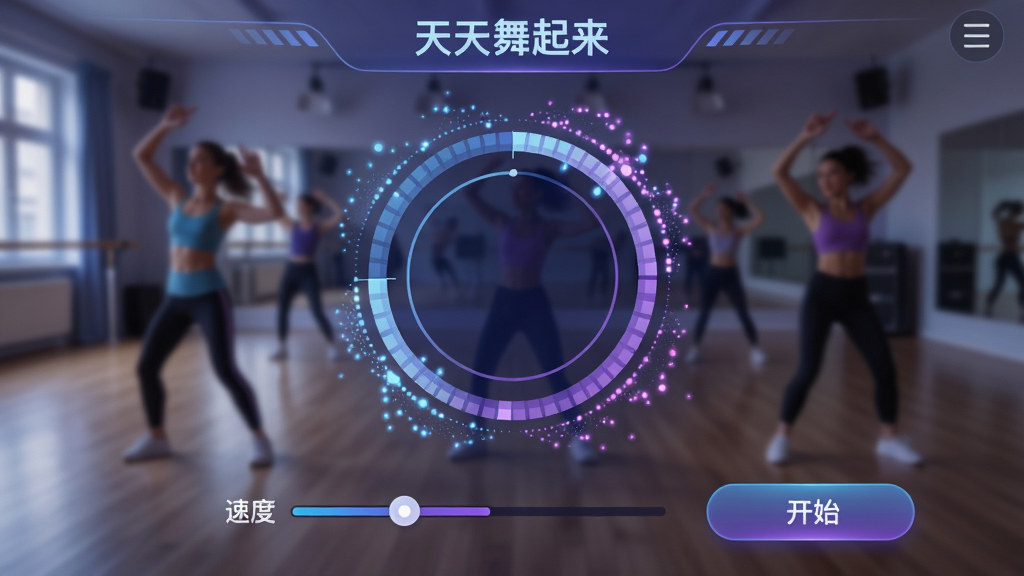 一张展示“天天舞起来”智能节奏跟随功能的界面截图,屏幕中央有一个动态节拍圆环,圆环边缘有发光粒子随着节拍跳动,背景为模糊的舞蹈教室,界面下方有速度调节滑块和开始按钮,整体科技感强,色调以蓝紫色为主,画质细腻,干净无多余元素。