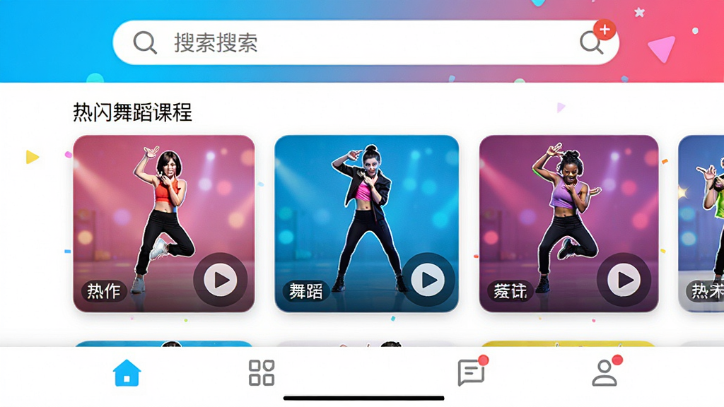 一张展示“天天舞起来”应用主界面的高清截图,界面布局清晰,顶部为搜索栏,中部为热门舞蹈课程推荐卡片,包含课程封面图和播放按钮图标,底部为导航栏,整体风格明亮活泼,色彩鲜艳,画质干净,无多余元素。