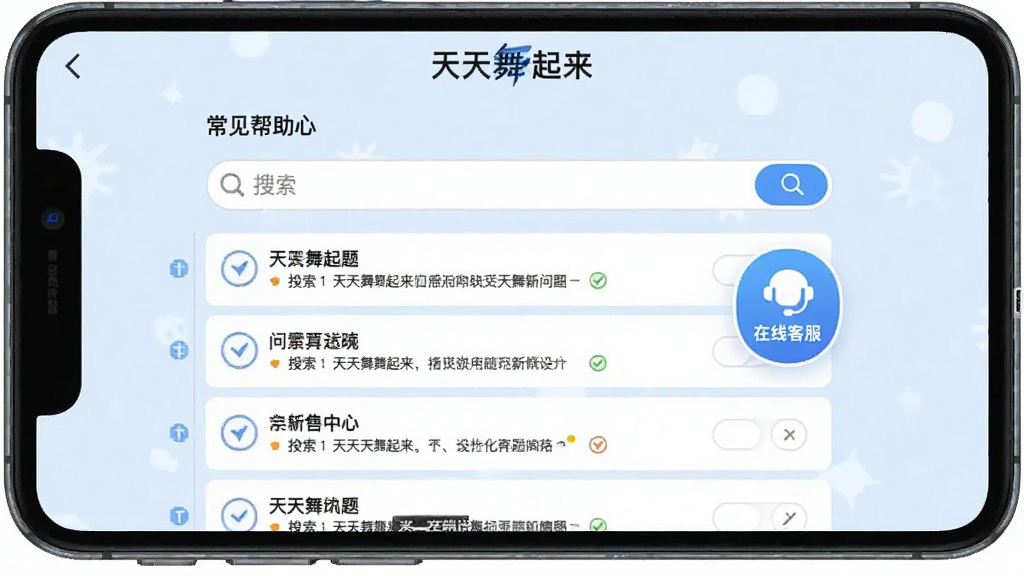一张展示“天天舞起来”应用内帮助中心页面的截图,页面包含常见问题列表、搜索框和在线客服图标,背景为淡蓝色,界面简洁明了,画质干净,无多余元素。