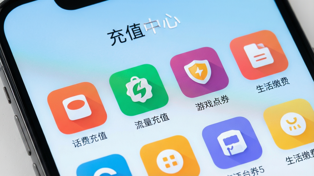 一张智能手机屏幕特写,屏幕中显示Recharge Hub应用主界面,顶部有“充值中心”字样,下方整齐排列着话费充值、流量充值、游戏点券、生活缴费等彩色图标,背景为浅蓝色渐变,整体风格简洁明亮,UI设计现代,画质清晰,干净无多余元素
