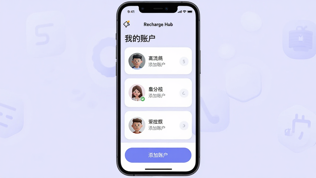 一张手机屏幕显示Recharge Hub的“我的账户”页面,页面中有多个账户卡片,每个卡片显示头像和名称,底部有“添加账户”按钮,背景为浅紫色,界面清爽,图标圆润,画质清晰,无多余元素