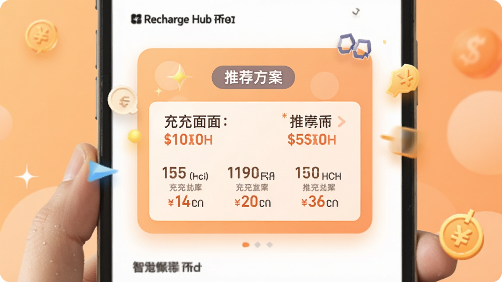 Recharge Hub智能推荐页面,页面中央显示一个推荐充值卡片,卡片上有“推荐方案”标签,下方列出多种充值面额及对应折扣,背景为柔和橙色,界面生动活泼,重点信息高亮显示,画质干净