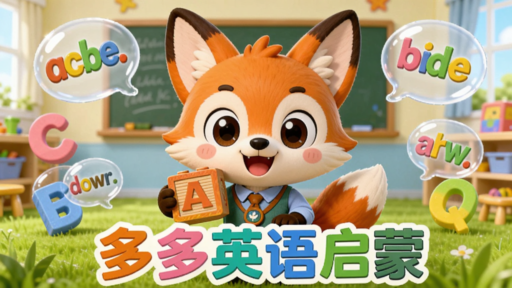 画面主体为“多多英语启蒙”卡通吉祥物一只可爱的小狐狸老师,正拿着字母积木,周围环绕着彩虹色的英文字母和单词气泡,背景是明亮的儿童教室和绿色草地。布局采用中心构图,吉祥物居中,字母元素散落四周,横幅排版,适合作为应用横版宣传图。风格为3D卡通渲染,色彩鲜艳明快,细节丰富,画质高清,干净无多余元素。