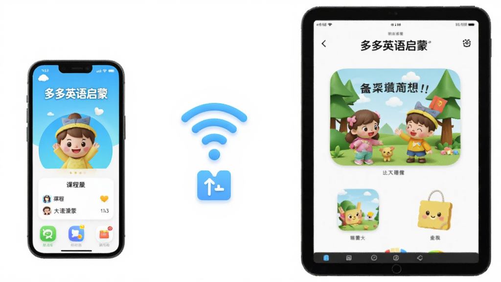 画面主体为“多多英语启蒙”App在手机和平板上同时运行的场景,左侧手机显示课程界面,右侧平板显示绘本界面,中间有Wi-Fi和数据同步图标。布局为双设备对比构图,背景纯白。风格为3D渲染,光影柔和,画质高清,干净无多余元素。