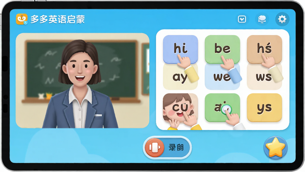 画面主体为“多多英语启蒙”App的互动课堂界面,左侧是外教视频窗口,右侧是孩子需要点击的单词卡片游戏区,底部有录音按钮和星星奖励图标。布局为平板横屏UI设计,界面清晰,色彩活泼。风格为扁平化结合轻微拟物,突出教学功能,画质干净,无多余元素。