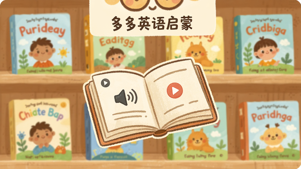 画面主体为“多多英语启蒙”绘本馆界面,书架背景上陈列着色彩斑斓的英文绘本封面,一本打开的绘本悬浮在中央,书页上带有扬声器和录音小图标。布局为竖版手机截图样式,书架占背景,绘本居中突出。风格为手绘卡通插画风,色调温暖柔和,画质细腻,干净无多余元素。