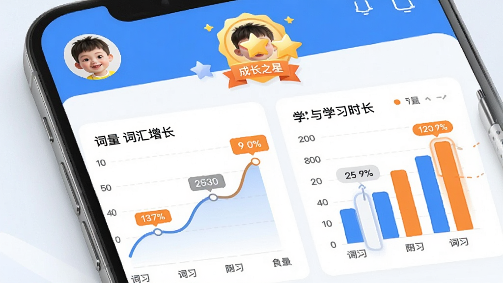 画面主体为“多多英语启蒙”学习报告页面,折线图和柱状图展示词汇量增长与学习时长,顶部有孩子头像和“成长之星”徽章。布局为手机竖屏UI设计,图表清晰,数据标签醒目。风格为现代简约风,蓝白主色调,搭配橙色高亮,画质干净,无多余元素。