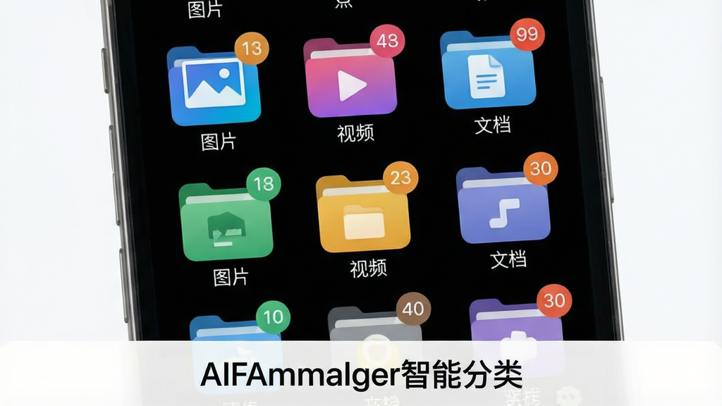 一张展示AIFileManager智能分类功能的界面预览图,主体为手机屏幕内多个分类文件夹图标,如“图片”、“视频”、“文档”等,布局采用列表式排列,每个文件夹旁边有文件数量角标,排版直观,风格清新简约,细节上文件夹图标有不同颜色区分,画质细腻干净,无多余元素,屏幕底部显示“AIFileManager智能分类”字样