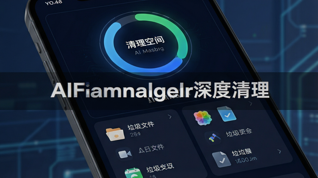 一张展示AIFileManager清理功能的界面预览,主体为手机屏幕中的垃圾文件扫描结果,布局以环形图显示可清理空间,下方列出各类垃圾文件,排版直观,风格科技感十足,细节上每个垃圾文件类型有对应图标,画质干净,无多余元素,屏幕中央显示“AIFileManager深度清理”字样
