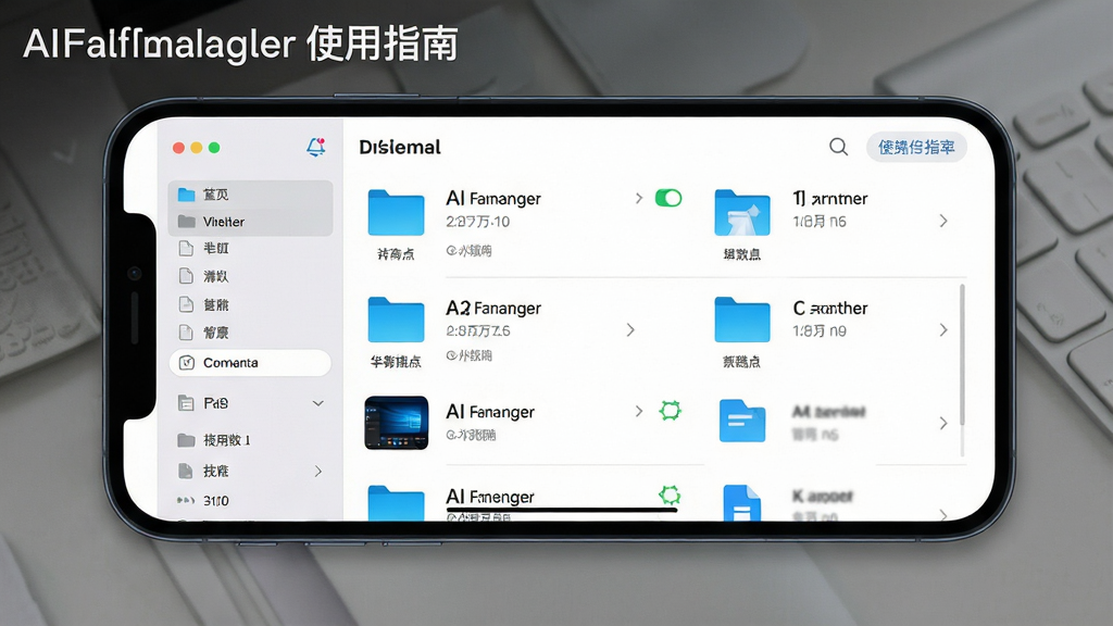 一张展示AIFileManager在手机上的使用场景,主体为手机横屏界面,显示文件管理列表,布局为侧边栏与主内容区,排版专业,风格商务,细节上文件列表有缩略图,画质清晰,无多余元素,屏幕角落显示“AIFileManager使用指南”字样