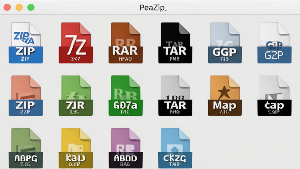 PeaZip����������չʾ����ѹ���ļ���ʽͼ�꣬����ZIP��7Z��RAR��TAR��GZIP�ȣ�ͼ���������룬����Ϊǳ��ɫ��ͻ����ʽ�����ԣ������������޶���Ԫ��