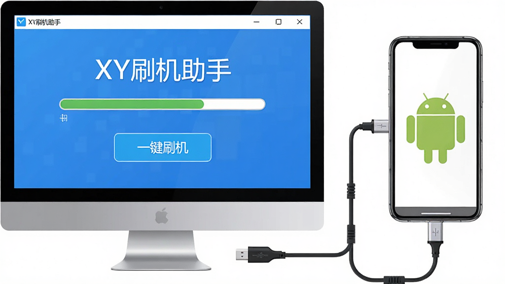 主体:XY刷机助手软件主界面,电脑屏幕显示刷机进度条,手机连接数据线。布局:电脑在左,手机在右,中间有数据线连接,界面下方有“一键刷机”按钮。排版:界面简洁,图标清晰,按钮醒目。风格:现代科技感,蓝白配色,扁平化设计。细节:屏幕上有“XY刷机助手”字样,手机屏幕显示安卓机器人。画质:高清,干净,无多余元素。