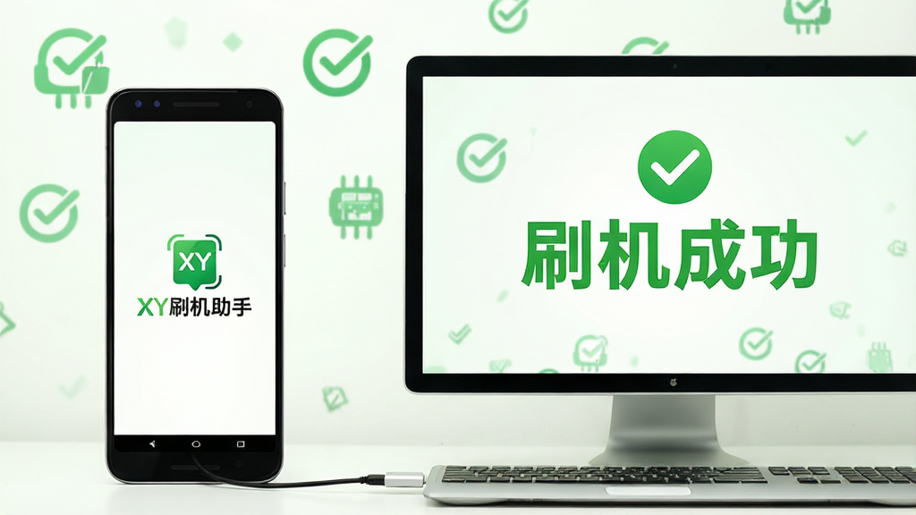 主体:一部安卓手机连接电脑,电脑屏幕显示“刷机成功”绿色字样,手机屏幕显示“开机画面”。布局:手机在左,电脑在右,背景有成功图标。排版:简洁,突出“刷机成功”字样。风格:清新,绿色调,干净明亮。细节:手机屏幕有“XY刷机助手”logo,电脑屏幕有对勾图标。画质:高清,干净,无多余元素。