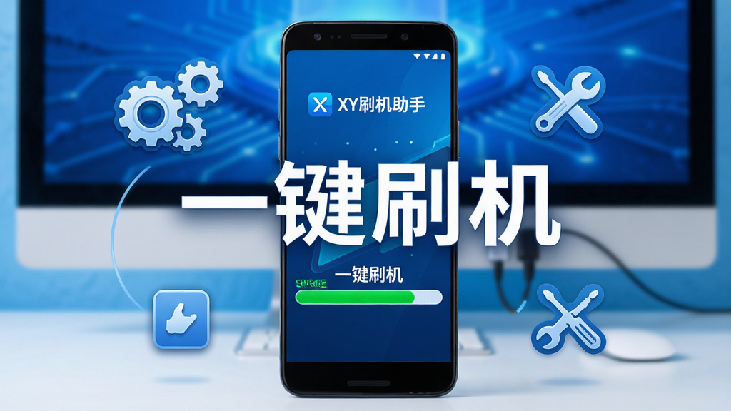 主体:一部安卓手机连接电脑,屏幕上显示“一键刷机”进度条,周围有齿轮和工具图标。布局:手机居中,电脑屏幕在背景中,进度条醒目。排版:简洁明了,突出“一键刷机”四个字。风格:科技感,蓝色调,明亮干净。细节:手机屏幕显示“XY刷机助手”logo,进度条为绿色。画质:高清,干净,无多余元素。