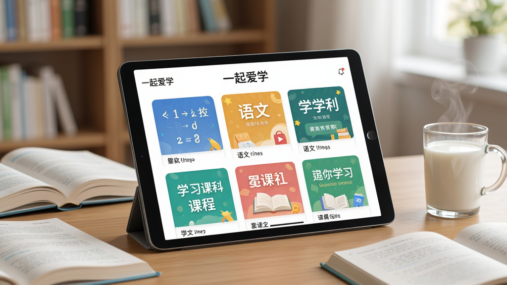 画面主体为“一起爱学”APP在平板电脑上打开的界面,界面风格清新简约,展示着数学、语文等学科的精美课程封面。布局上,平板电脑斜放在木纹书桌中央,周围散落着几本课本和一杯冒着热气的牛奶,背景是虚化的书房环境。风格明亮温馨,细节丰富,强调学习的专注与舒适氛围,画质高清干净,无多余元素。