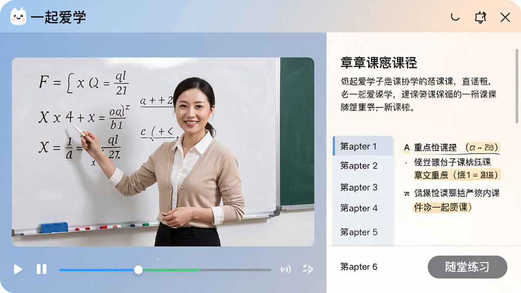 图片主体为“一起爱学”APP的课程播放界面截图,画面中一位和蔼可亲的老师正在白板前讲解数学公式。界面布局清晰,左侧是视频窗口,右侧是同步显示的课件文字与重点笔记。整体风格专业且友好,界面色彩柔和,细节包含播放进度条、章节列表和“随堂练习”按钮,画质清晰流畅,无多余元素。