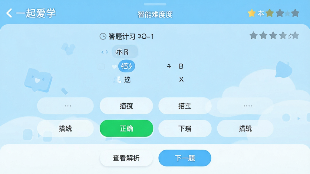 画面展示“一起爱学”APP的智能练习答题界面,背景是干净明亮的浅蓝色。主体为一道选择题,下方有四个选项按钮,其中一个选项被绿色高亮显示为正确。屏幕底部有“查看解析”和“下一题”的按钮。布局简洁直观,风格扁平化,细节处显示答题计时器与本题难度星级,画质清爽干净,无多余元素。