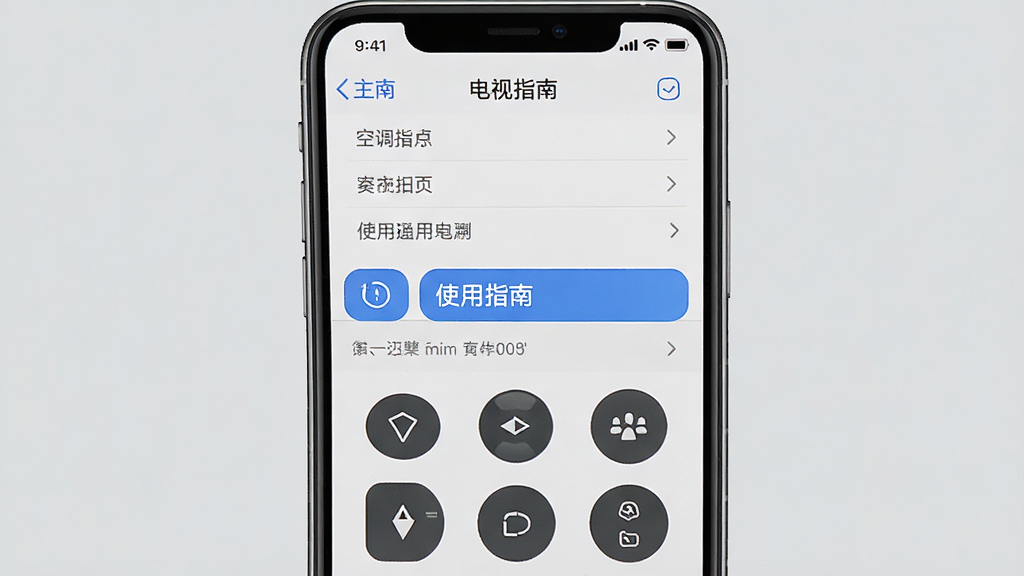 一张手机操作截图风格的图片,屏幕显示空调电视通用遥控器的主界面,突出显示“使用指南”菜单,背景为纯色浅灰,界面布局清晰,风格简洁,细节包括菜单选项与提示文字,画质干净无多余元素