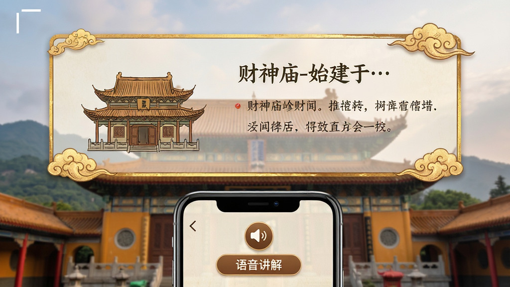 主体:北高峰财神庙实景照片与手机AR导览界面叠加,屏幕上显示古建筑轮廓与文字介绍浮层。布局:手机位于画面下方,上方为半透明的AR信息层,展示“财神庙-始建于…”等字样。排版:复古雅致,暖色调为主,文字排版工整。风格:国风手绘与实拍结合,营造文化韵味。细节:AR浮层有金色边框与祥云纹样,手机界面有“语音讲解”按钮图标。画质:高清晰度,光影柔和,无多余元素。