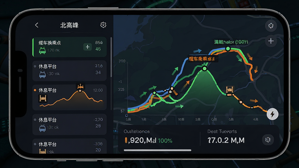 主体:手机横屏截图,展示北高峰应用中的路线规划界面,包含多条不同颜色的路线轨迹与海拔曲线图。布局:左侧为路线列表,右侧为地图视图,底部有数据面板显示里程与预计时间。排版:信息图表化,清晰易读,色彩区分明显。风格:科技感与户外感融合,深色背景配荧光绿与橙色高亮。细节:海拔曲线图平滑,标记有“缆车换乘点”、“休息平台”等节点,路线轨迹带箭头方向。画质:高清渲染,细节丰富,无多余元素。