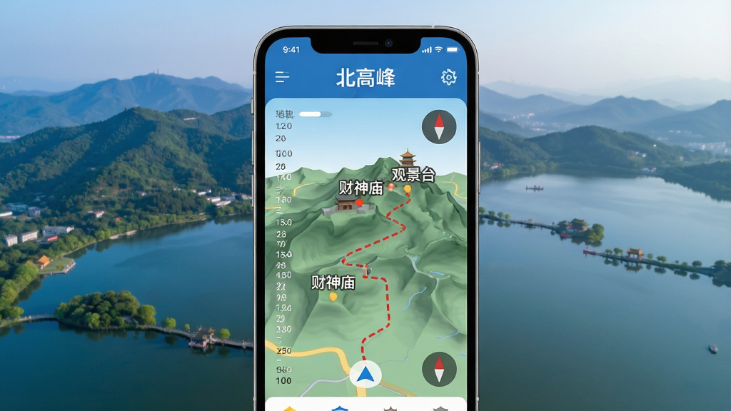 主体:北高峰应用界面展示,手机屏幕上显示北高峰3D地形图与导航路线,背景为杭州西湖群山航拍。布局:手机居中,屏幕内容清晰可见,四周留白,上方有“北高峰”字样logo。排版:简洁现代,信息层级分明,图标与文字搭配协调。风格:写实与扁平结合,色调清新自然,蓝绿主色,点缀暖黄。细节:地图上标注“财神庙”、“观景台”等点位,路线用红色虚线高亮,界面有海拔刻度与指南针元素。画质:8k超清,干净无多余元素。