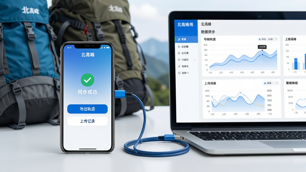 主体:手机与电脑并排,屏幕上显示北高峰应用的数据同步界面,有“导出轨迹”、“上传记录”等按钮。布局:手机在左,电脑在右,中间有数据线连接,背景为户外登山装备。排版:整洁,科技感,蓝白配色。风格:实用主义,细节真实。细节:手机屏幕有“同步成功”提示,电脑屏幕显示数据图表。画质:高清,干净无杂物。