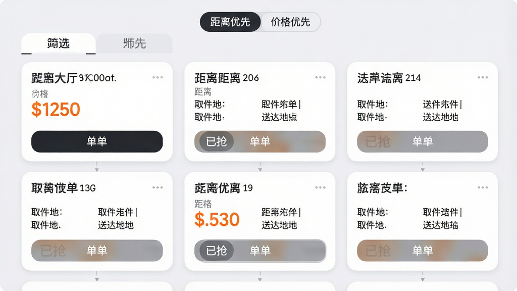 主体:抢单大厅界面截图,展示多列订单卡片。布局:界面顶部为筛选标签栏,下方为订单卡片瀑布流。排版:卡片上显示价格、距离、取件地、送达地,价格用醒目橙色字体。风格:简约商务风,背景浅灰,卡片白色圆角。细节:卡片下方有“抢单”按钮,部分卡片标注“已抢”状态,顶部有“距离优先”和“价格优先”切换选项。画质:清晰,干净,无多余元素。