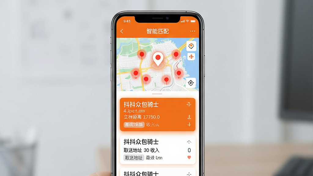 主体:智能手机屏幕展示“抖抖众包骑士”订单推送界面,上方为地图定位,下方为订单卡片。布局:手机居中,地图在上,订单列表在下,卡片依次排列。排版:订单卡片包含距离、收入、取送地址等标签,字体清晰。风格:扁平化UI设计,配色以橙色与白色为主。细节:地图上有多个红色订单热点标记,订单卡片边缘有发光效果,屏幕顶部显示“智能匹配”字样。画质:高清,干净,无多余元素。