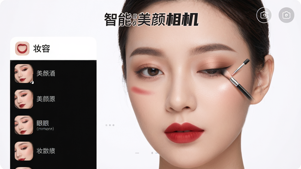 �����������ױ��ѡ��ҳ�棬�����沿��ʾ�ں졢��Ӱ�Ȼ�ױЧ��������б�չʾ��ͬױ�����ƣ�����Ϊ����ɫ��UI����ʱ�У�ͻ��������������������֣����ʸ��壬�ɾ�����