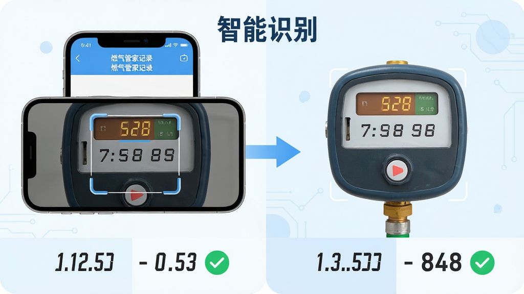 主体:一部手机横屏展示“燃气管家记录”的燃气表读数拍照识别功能,界面有相机取景框对准燃气表数字区域。布局:左侧为手机界面演示,右侧为燃气表实物图,中间用箭头连接表示拍照识别过程。排版:左右分栏式布局,上方标注“智能识别”字样,下方为识别结果数字对比。风格:科技感扁平插画风格,浅蓝与白色主调。细节:取景框内有数字高亮识别,识别结果用绿色对勾标注。画质:清晰明亮,干净无多余元素。