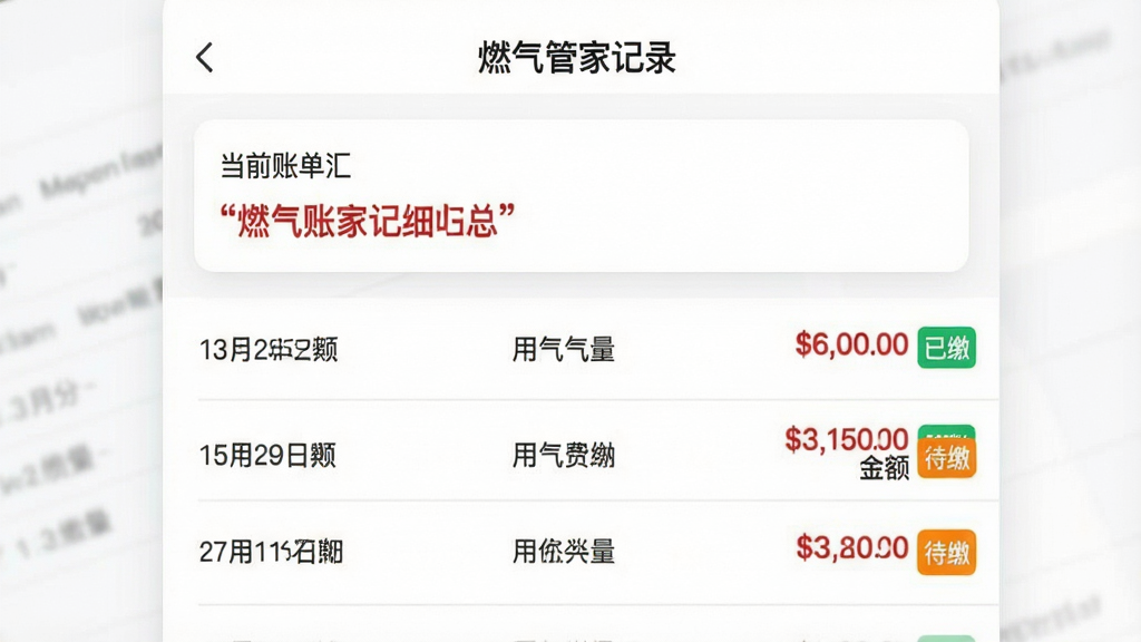 主体:“燃气管家记录”应用内的账单明细列表页面,包含月份、用气量、金额、缴费状态等字段。布局:列表式布局,顶部为当前账单汇总卡片,下方为按月排列的历史记录。排版:每行左侧为月份日期,中间为用气量,右侧为金额与状态标签。风格:极简商务风格,白底灰线,关键金额用红色字体突出。细节:已缴费用显示绿色“已缴”标签,未缴费用显示橙色“待缴”标签。画质:细腻清晰,无多余元素。