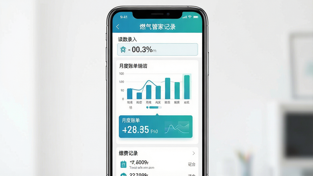 主体:一部智能手机屏幕显示“燃气管家记录”应用主界面,界面内有燃气表读数输入框、月度账单柱状图、缴费记录列表。布局:手机居中,界面元素清晰排列,上方为应用名称“燃气管家记录”字样,下方依次为读数录入区、图表区、记录区。排版:简洁的APP界面设计,信息层级分明,重点数据高亮显示。风格:扁平化现代风格,蓝绿色系搭配白色背景。细节:图表线条流畅,数字清晰,界面无多余元素。画质:高清渲染,干净整洁,无多余元素。
